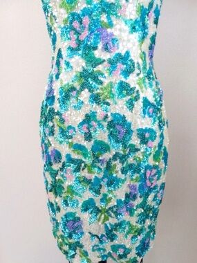 Vintage Y2K beaded embellished sequin  party mini dress sz 14 designer formal